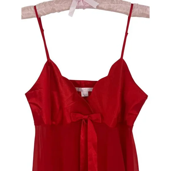 Vintage 1999 Victorias Secret Red Satin Sheer Babydoll Lingerie w/Bow Detail Y2K - Picture 2 of 16